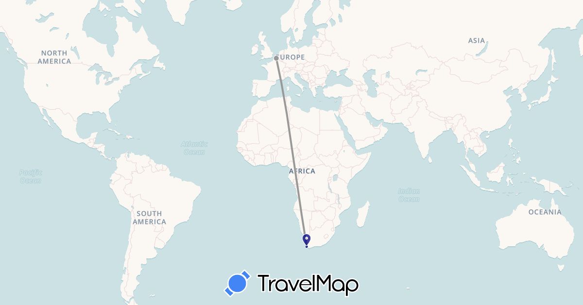 TravelMap itinerary: driving, plane in France, South Africa (Africa, Europe)